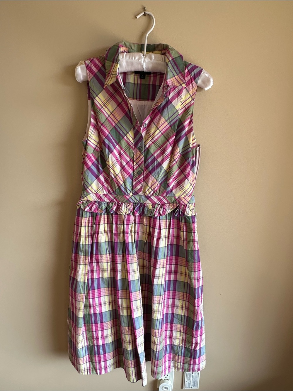 J. Crew Pink, Green & Yellow Plaid Sleeveless Shirtwaist Dress, size 6